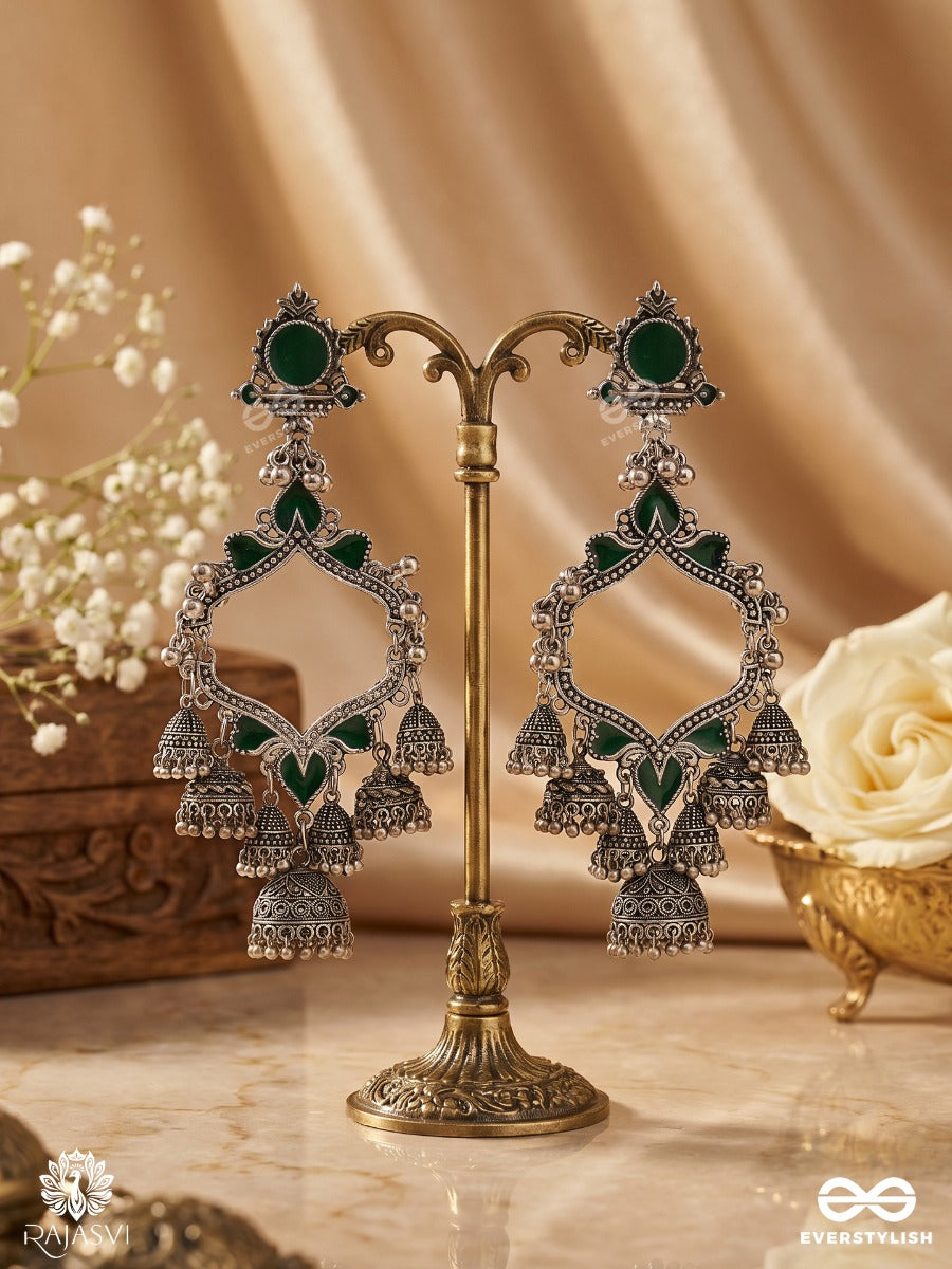 Vrindika – Emerald Enamel Oxidised Chandbali Earrings With Multi Jhumki Drops