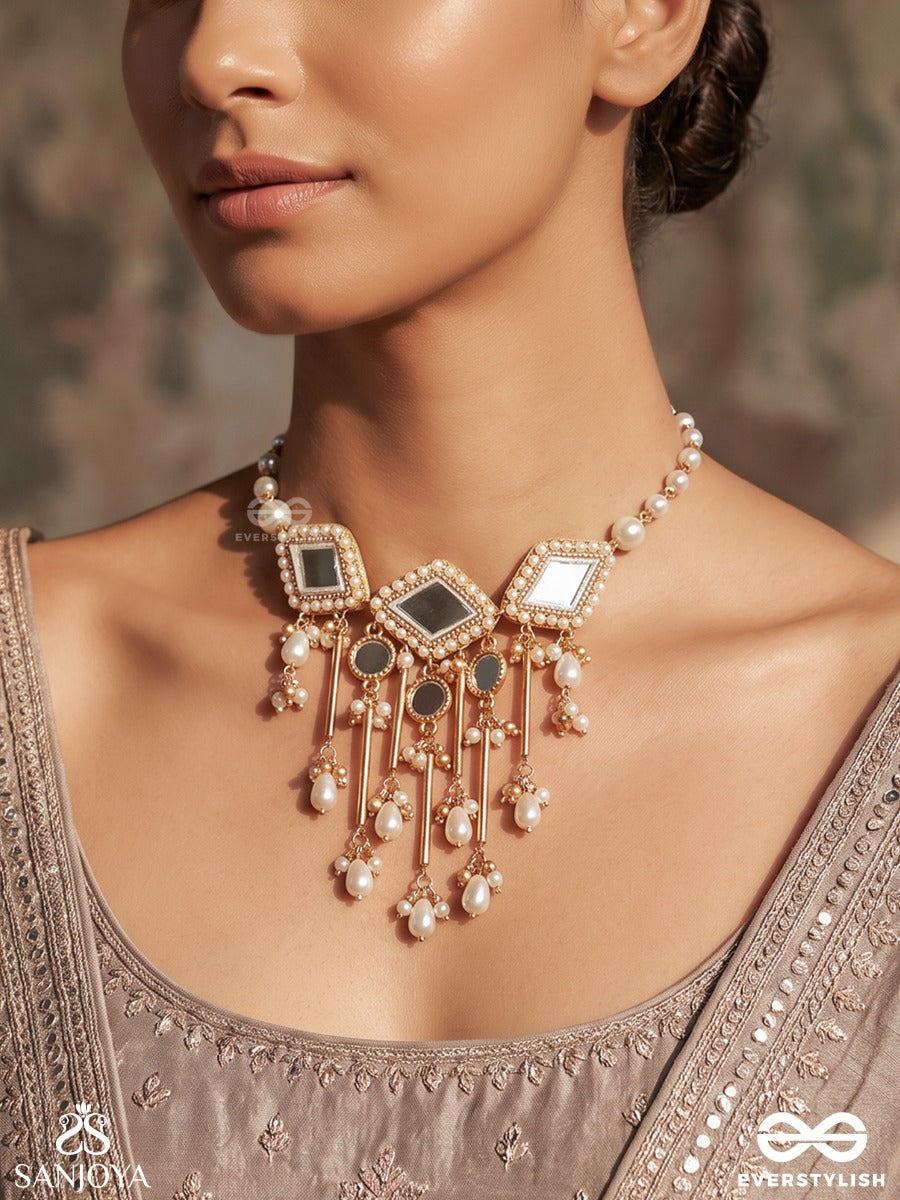 Chitramayi – Full Of Artistry – Heritage Necklace With Geometric Kundan Motifs, Mirror Embellishments, Pearl-Trimmed Chains And Delicate Pearl Danglers