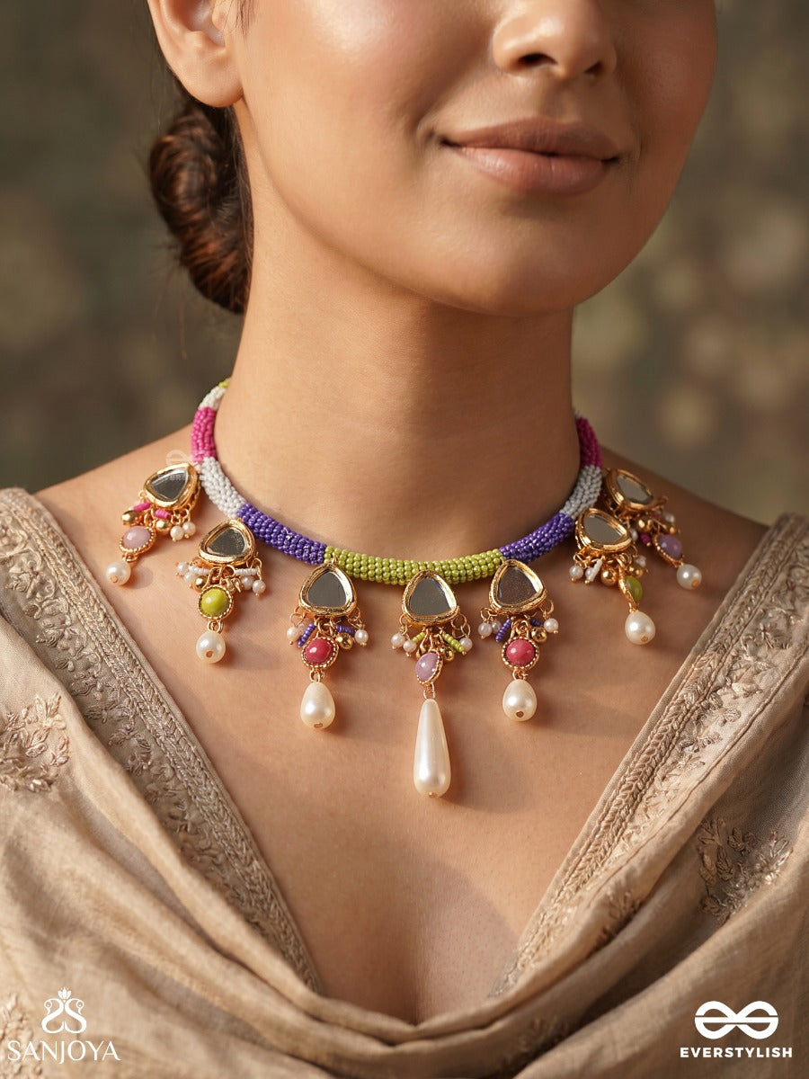 Ranghasli – Coloured Collar – Ornate Hasli Necklace With Multi-Thread Wrapped Base, Kundan-Like Triangle Motifs, Pearl Drops And Colourful Bead Accents