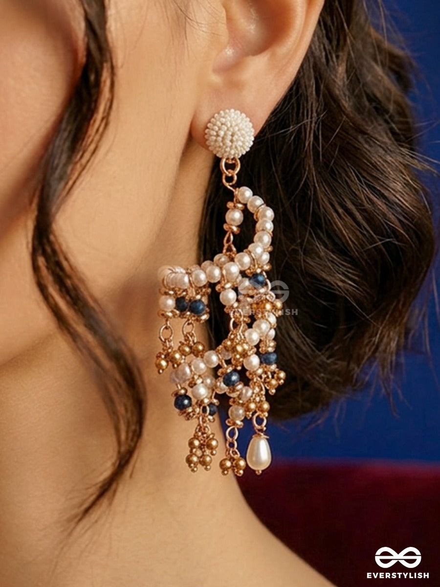 Ivory Galaxy – Pearl Spiral Earring With Golden And Midnight Blue Bead Crystals