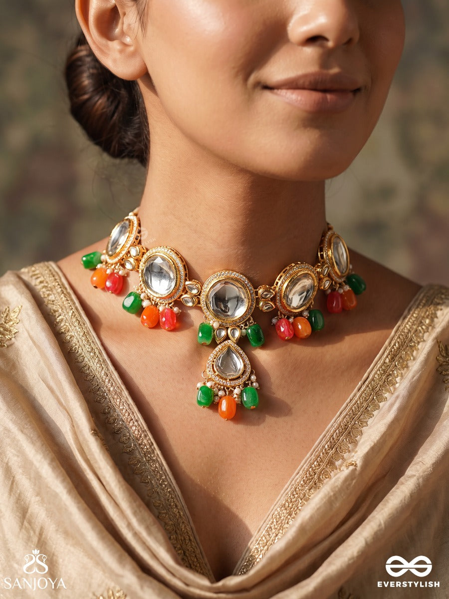Madhuban – Honey Garden – Heritage Choker With Mirror Kundan Motifs, Coral-Emerald Bead Accents And Delicate Floral Details