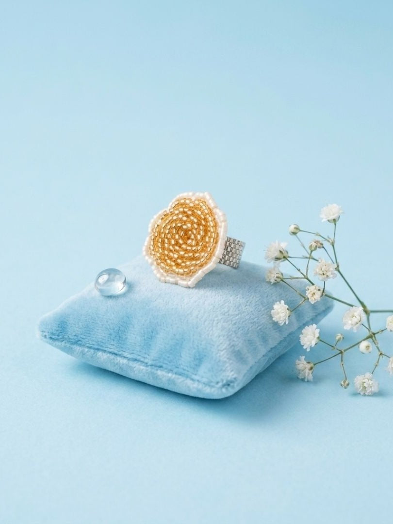 Honey Bloom - Gold & Ivory Beaded Flower Statement Ring