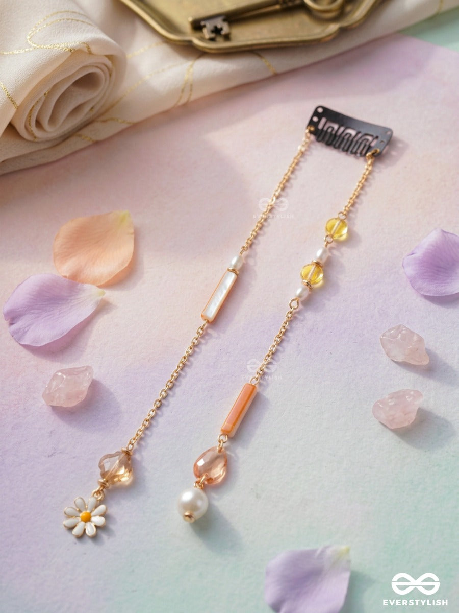 Garden Twinkle – Double-Chain Hair Clip With Turquoise Beads, Daisy Charms And Gold Chains