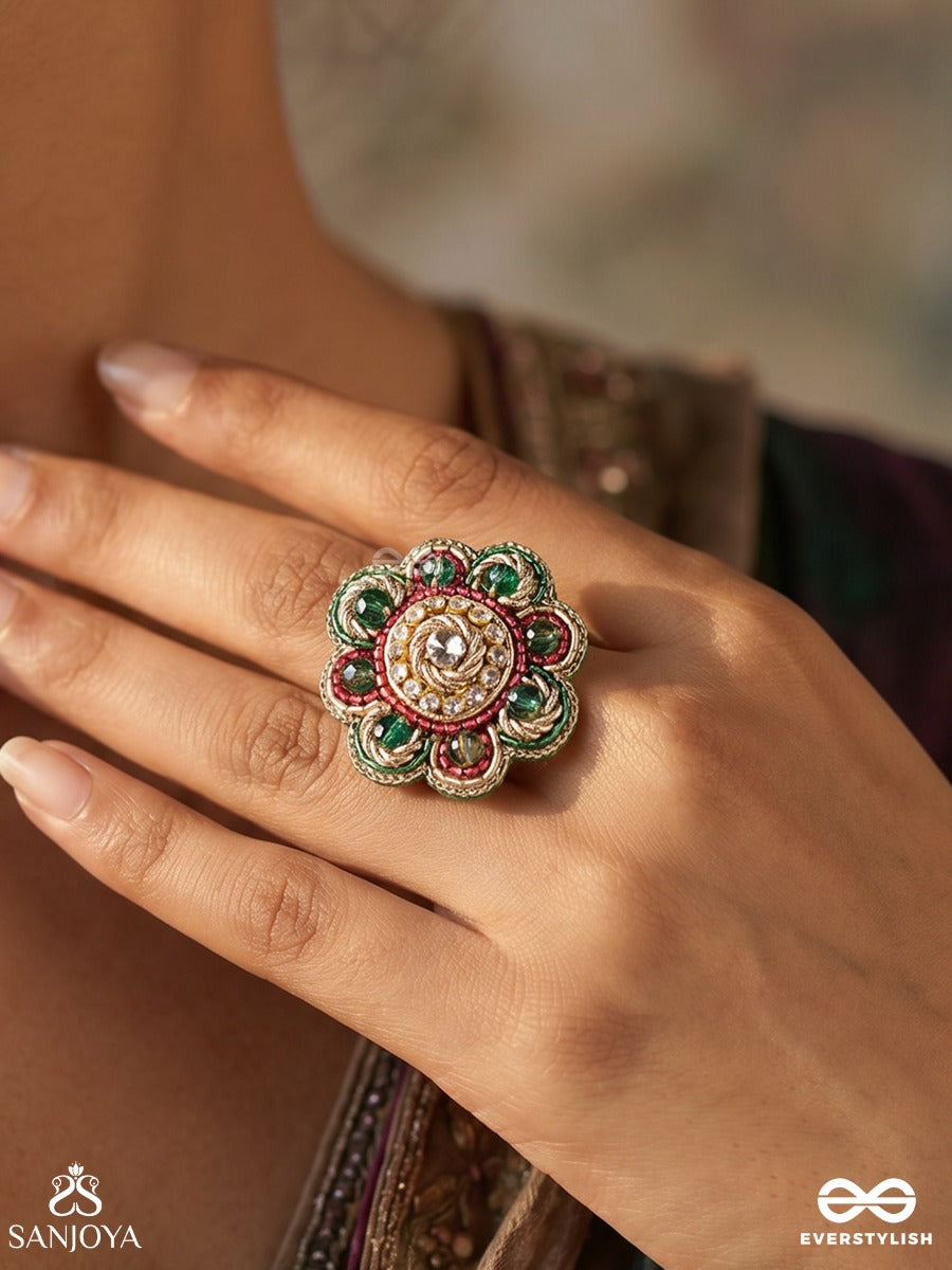 Ruhanshi – Soulful Beauty – Ornate Ring With Kundan Centrepiece And Colourful Floral Accents