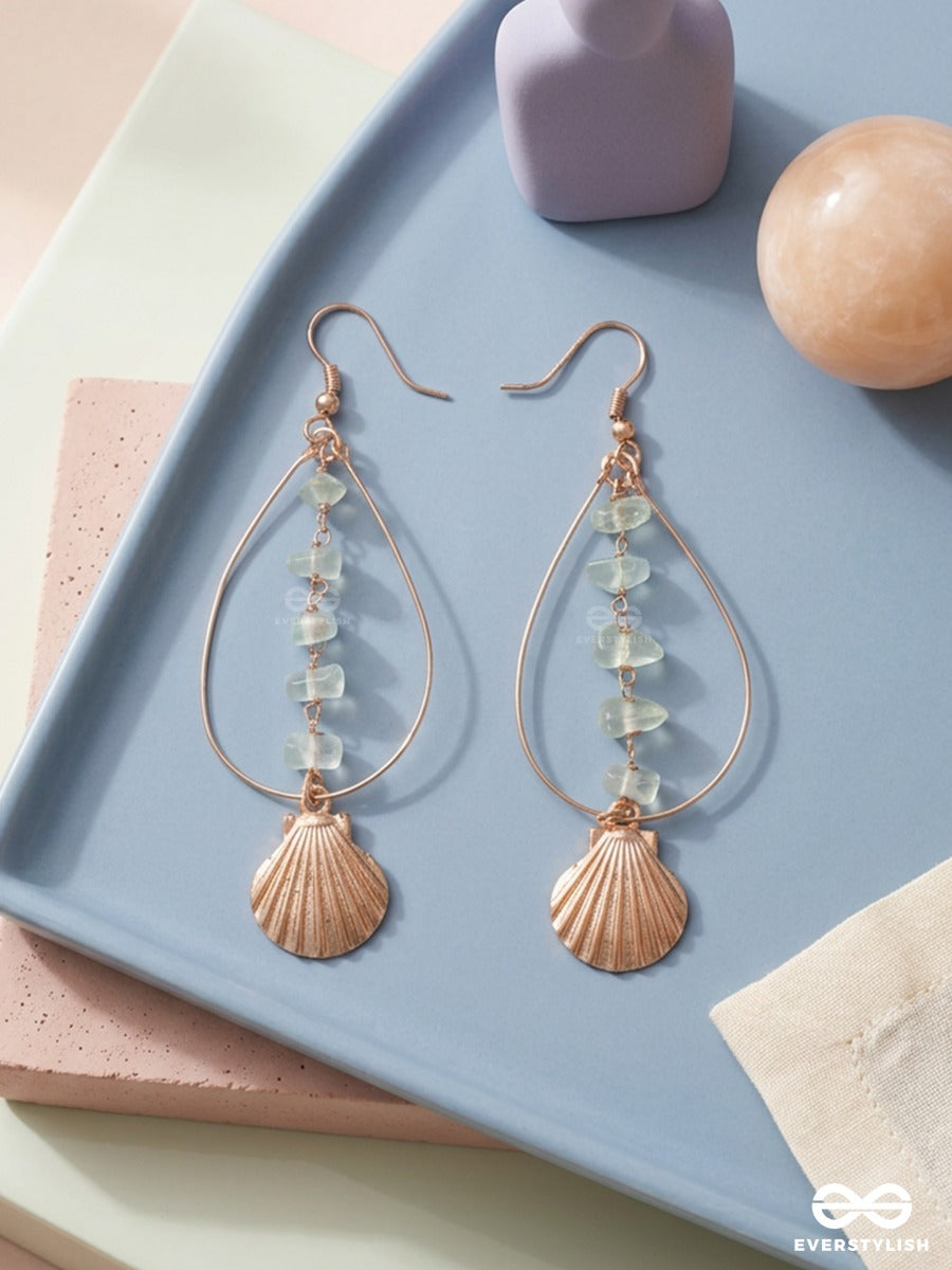 Ocean Crest – Shell Charm Earrings With Gold Teardrop Earrings And Faceted Aqua Stones