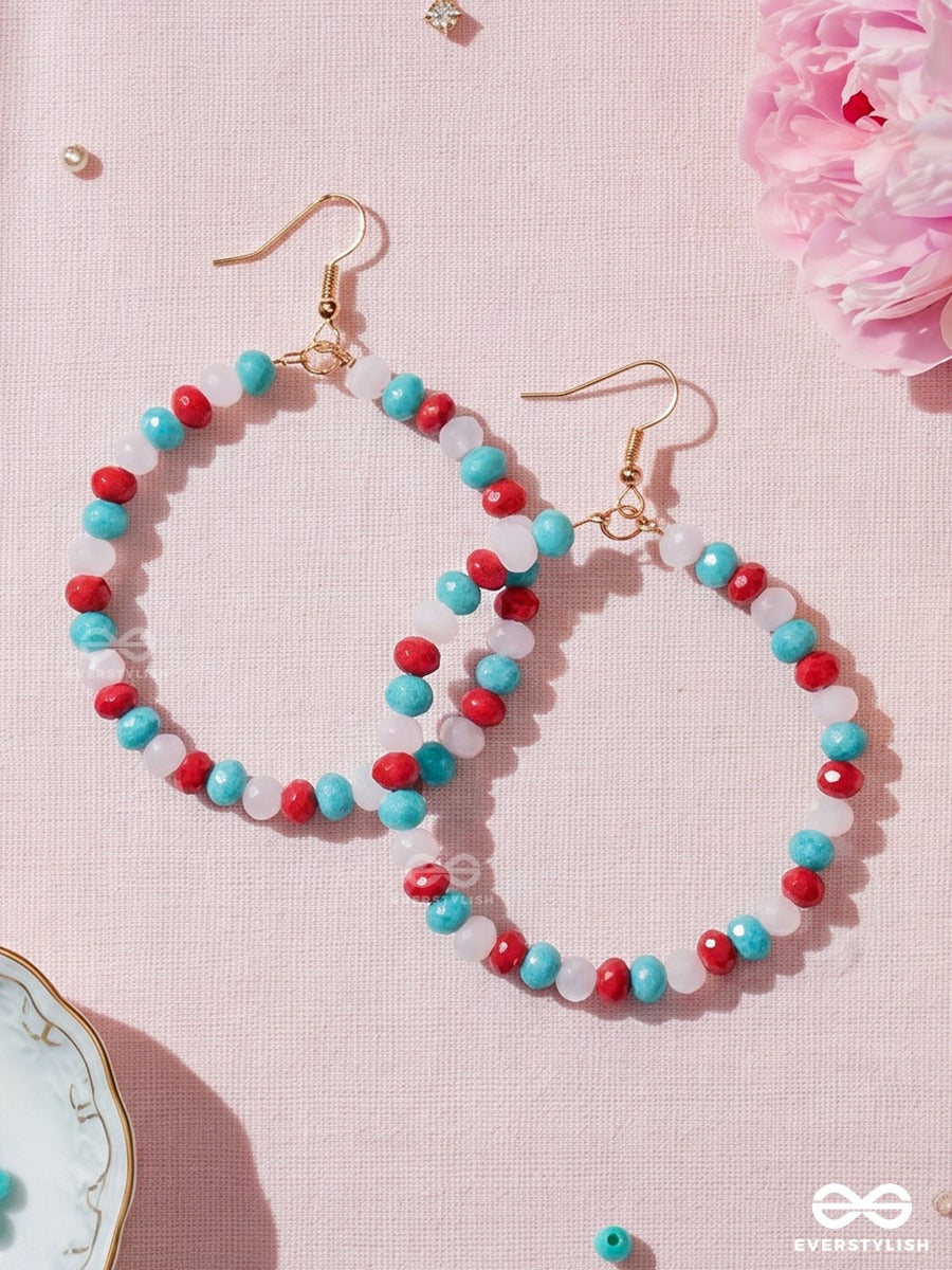 Lagoon Pop – Turquoise, Ruby And Ivory Beaded Oval Hoop Earrings