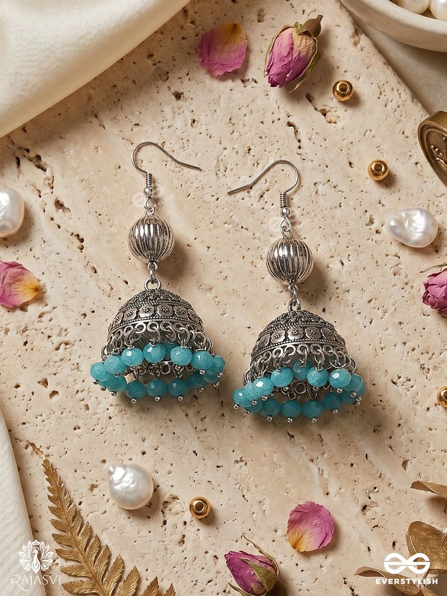 Jaldhwani – Oxidised Jhumka Earrings With Turquoise Bead Fringe And Engraved Dome
