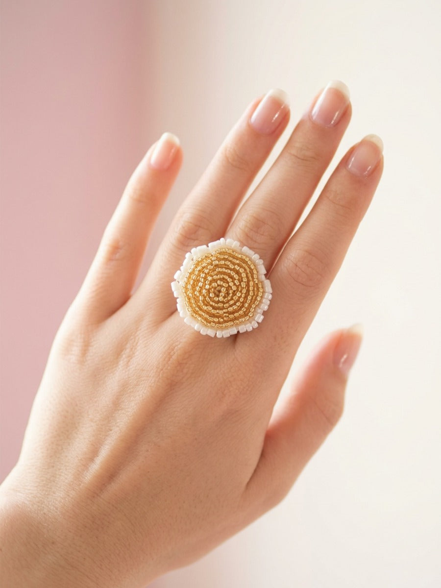 Honey Bloom - Gold & Ivory Beaded Flower Statement Ring