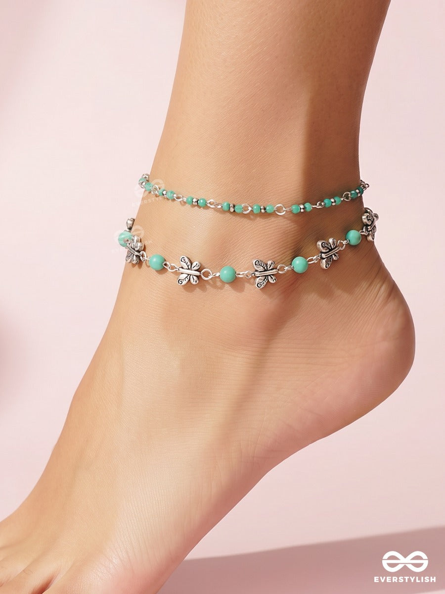 Minted Melody – Layered Delicate Anklet (Single) With Turquoise Beads, Pearl Accents And Silver-Tone Charms