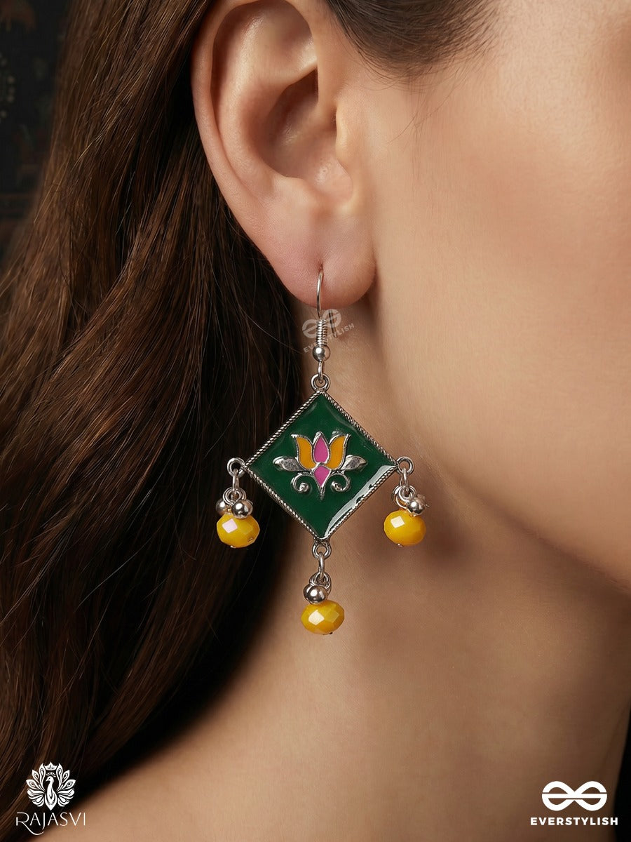 Pachirang – Oxidised Enamel Heritage Earrings With Green Diamond Motifs, Floral Details And Yellow Bead Drops