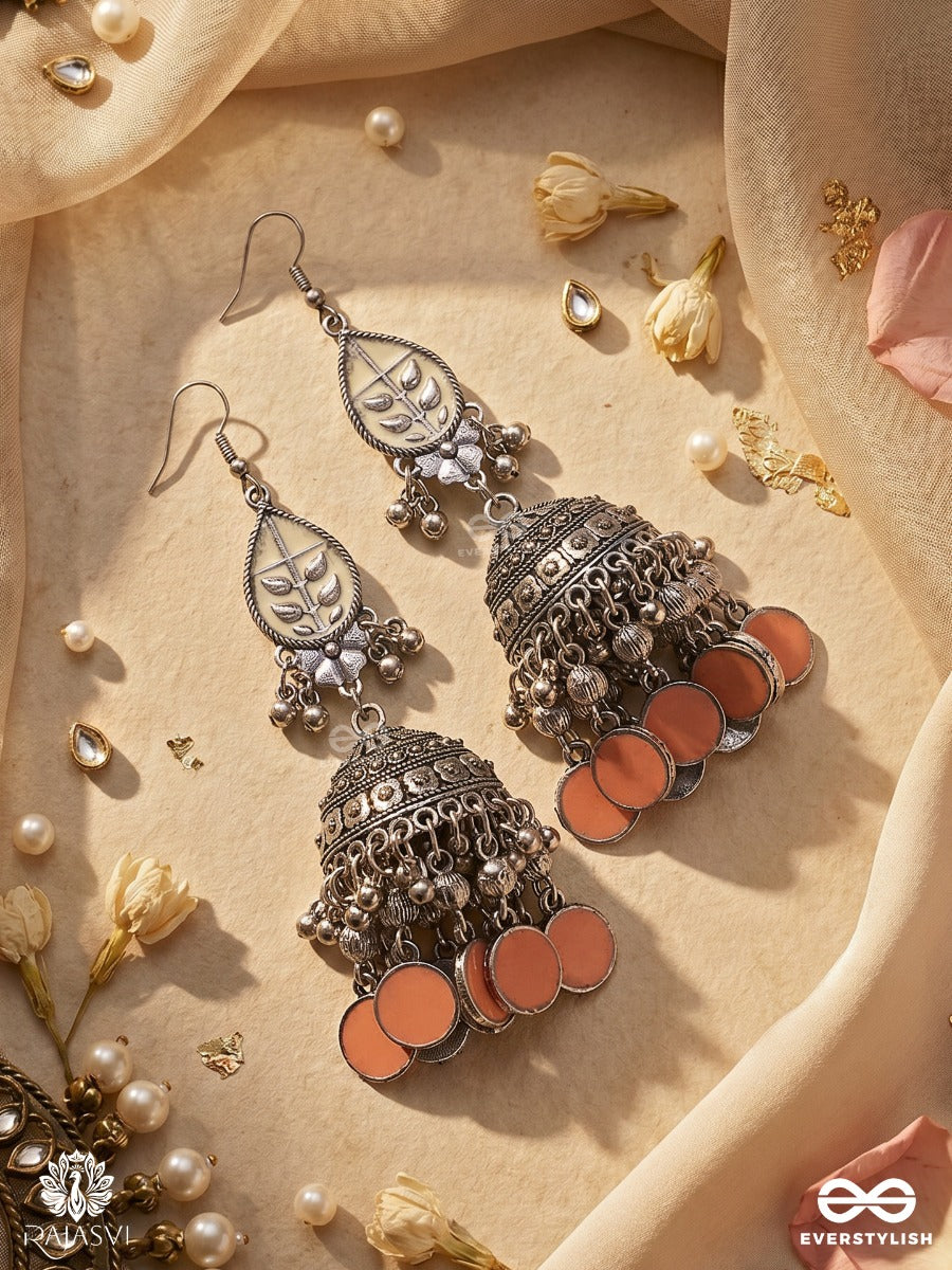 Mohinilekha – Oxidised Jhumka Earrings With Ivory Enamel Motifs, Peach Disc Fringe And Ghungroo Details