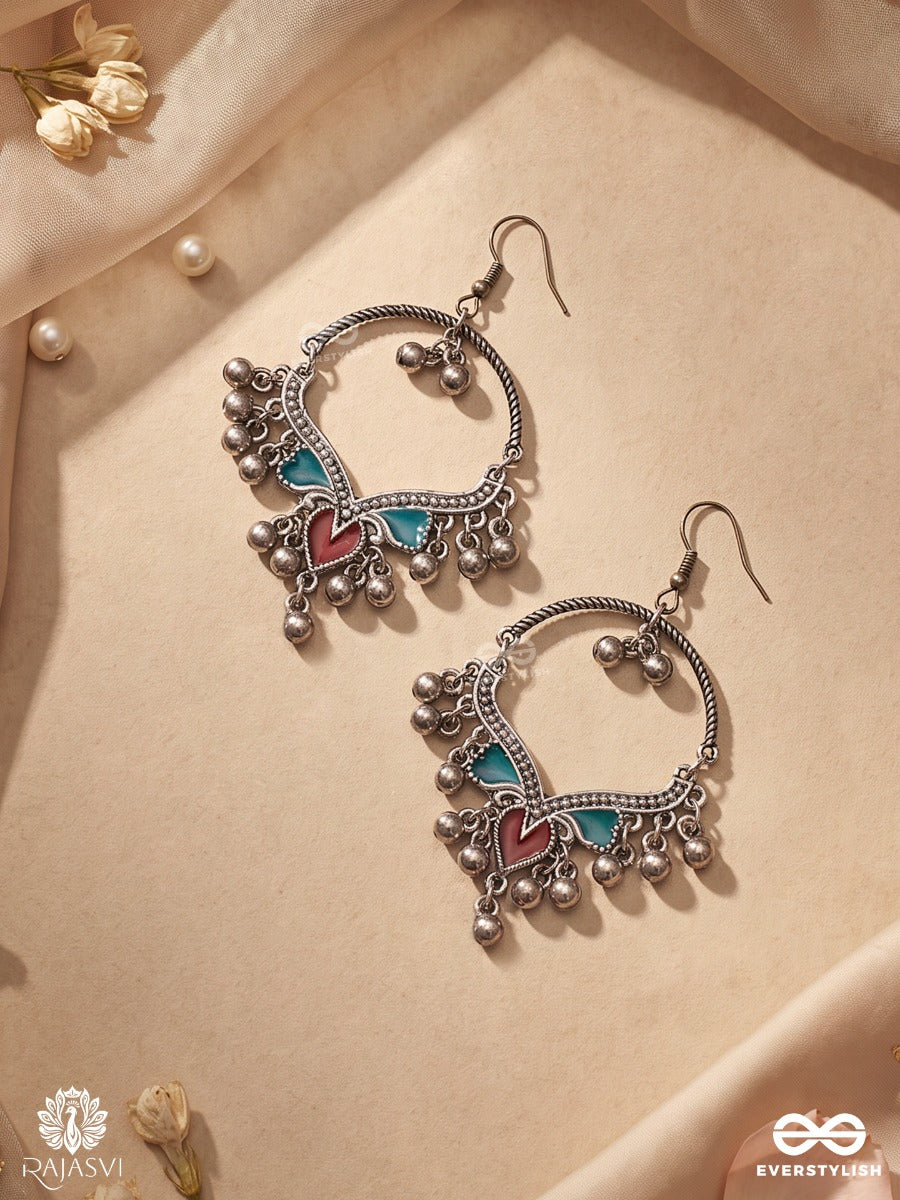 Hridini – Oxidised Hoop Earrings With Red And Turquoise Enamel Accents And Ghungroo Drops