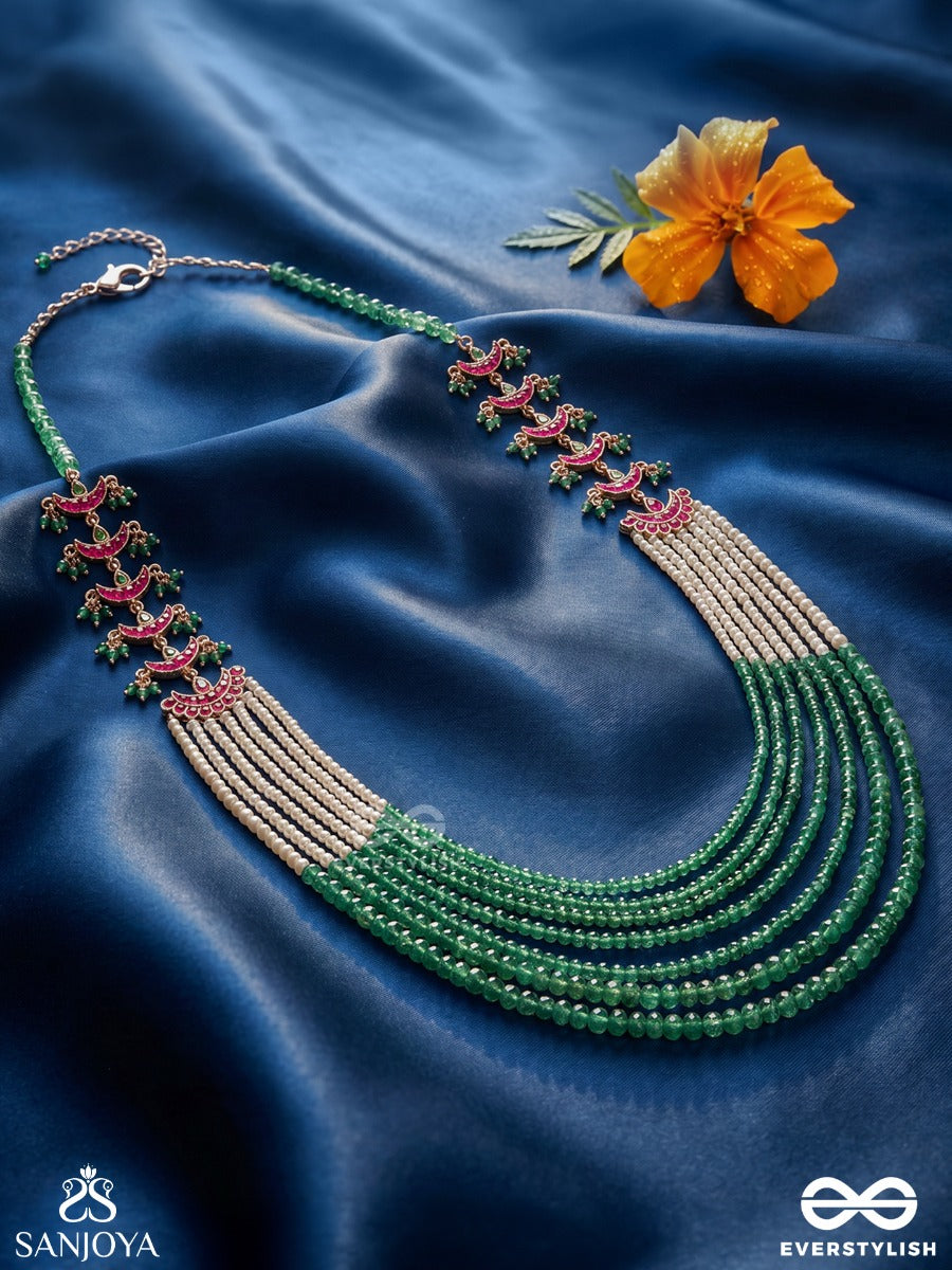 Ruhaanika – Soulful Elegance – Multi-Layer Rani Haar With Emerald Bead Strands, Pearl Layers And Enamel Crescent Motifs