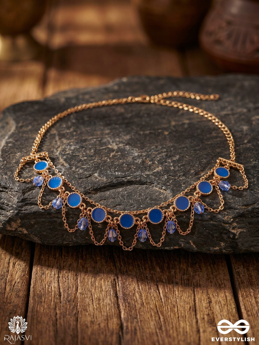 Ambunila – Blue Waters – Elegant Necklace With Blue Enamel Scallops, Pearl Accents And Golden Filigree