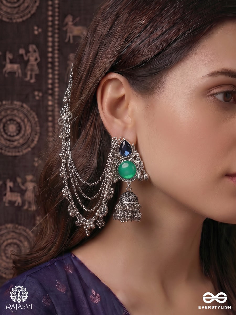 Tarangini – Oxidised Chain Earrings With Layered Chains, Gem Accents And Jhumki Drops