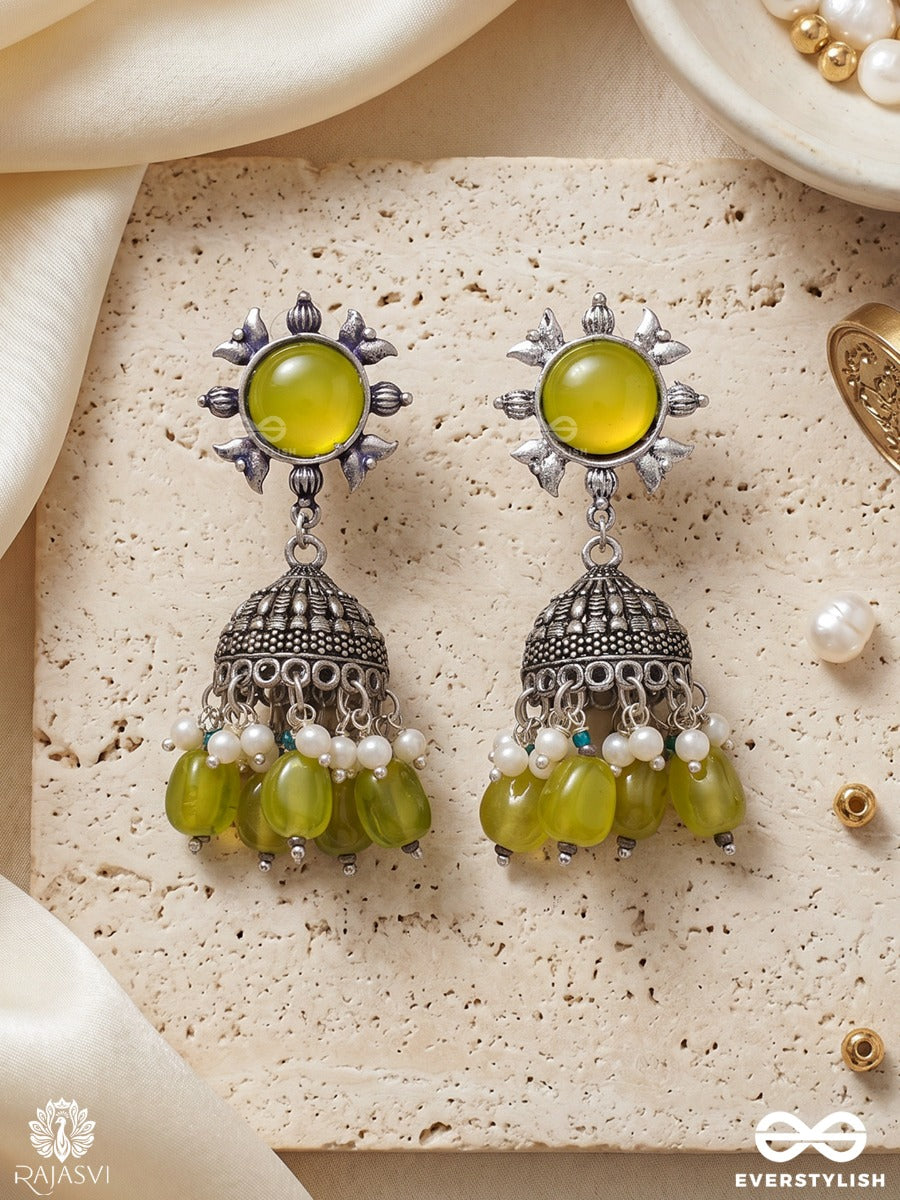 Neelamrita – Oxidised Jhumkas With Lime Green Stone, Pearl Clusters And Lime Green Bead Drops