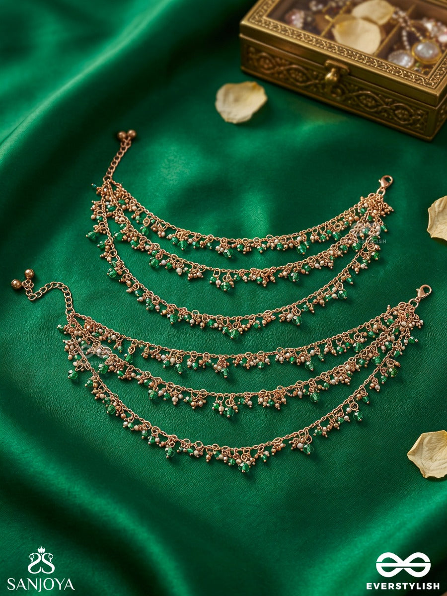 Gunjanpayal – Melodic Anklet – Layered Pair Of Pajeb (Anklet) Set Of 2 With Emerald Bead Drops And Delicate Chain Drapes