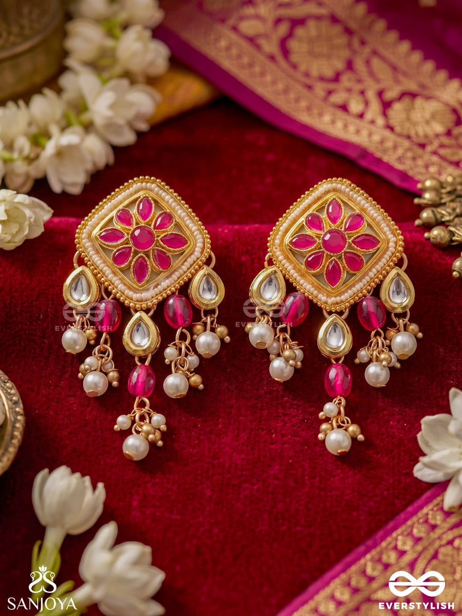 Kaushiki – Goddess Durga – Ornate Earrings With Pink Floral Kundan Motifs, Pearl Clusters And Ruby-Toned Drops
