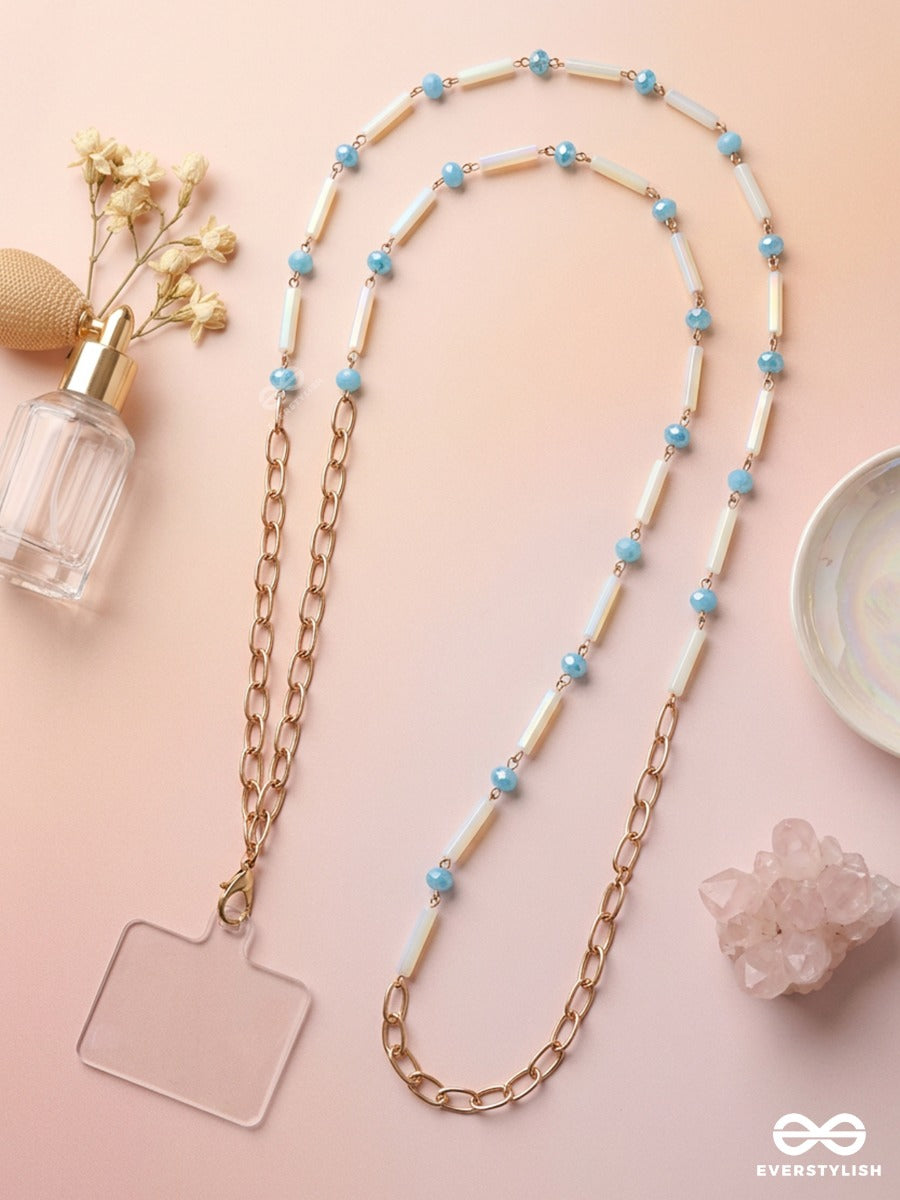 Blue Ping – Blue & White Beaded Phone Sling With Gold-Tone Chain