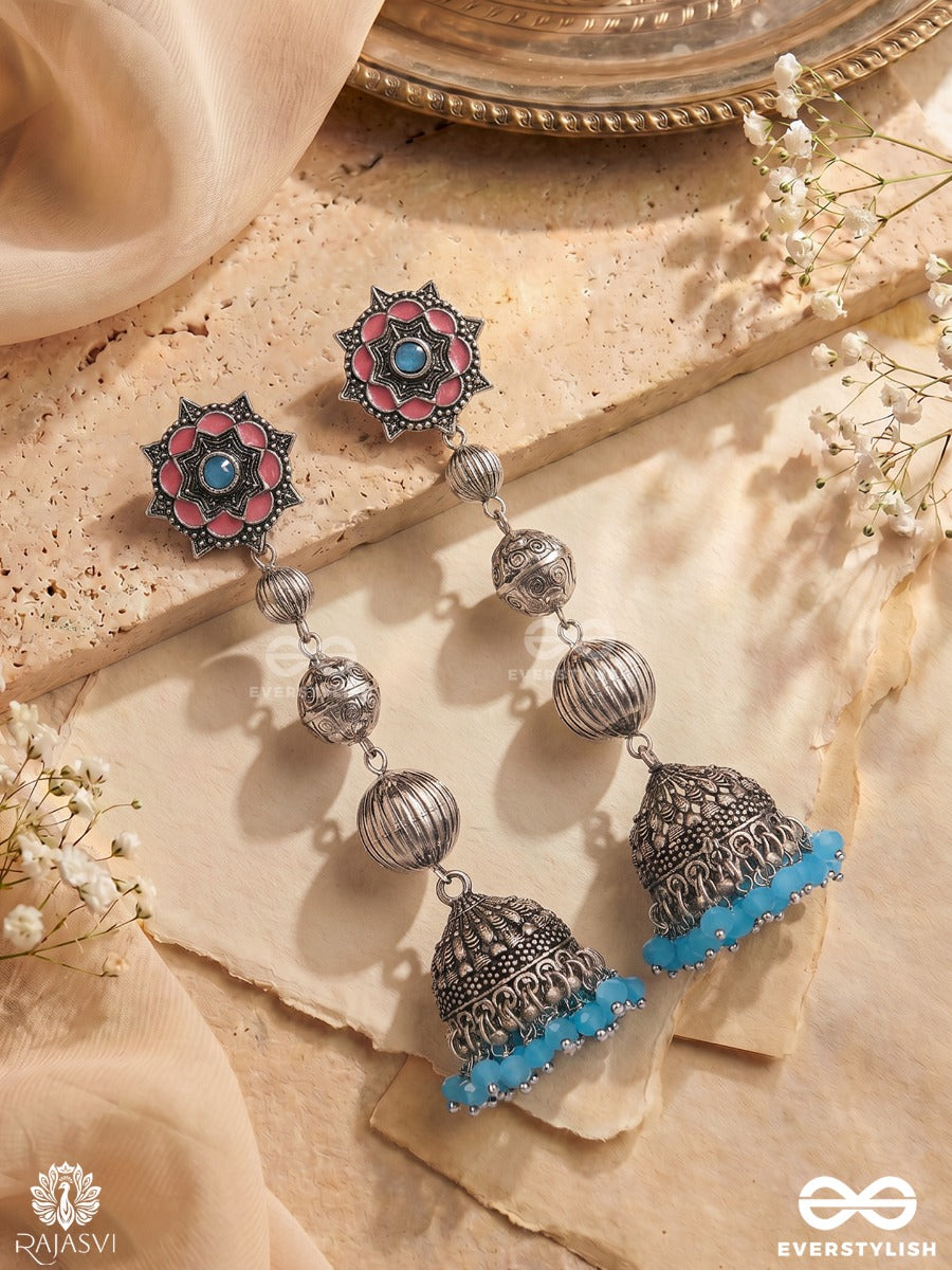 Neelkamini – Oxidised Jhumka Earrings With Pink Floral Studs, Turquoise Centres And Aqua Bead Fringe