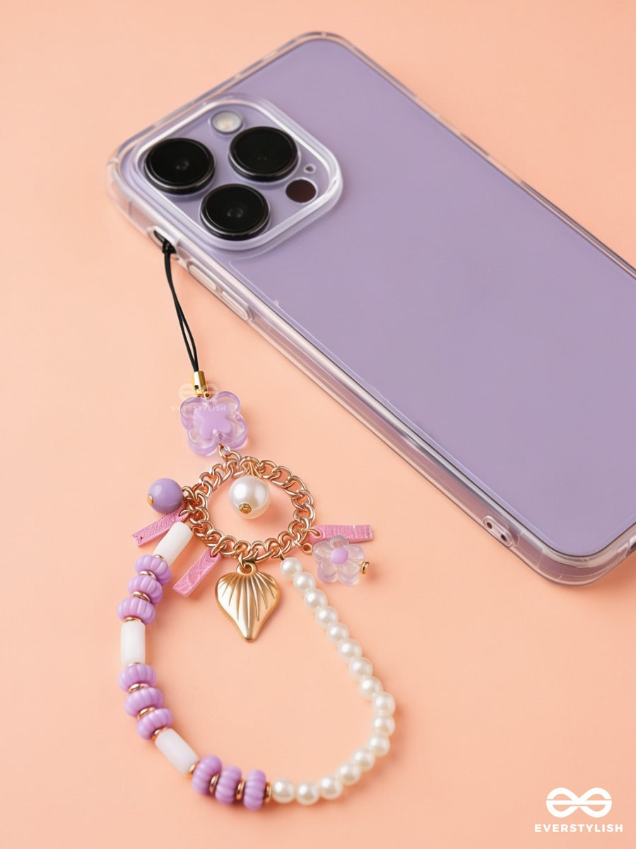 Lavender Latte – Pastel Phone Charm With Pearl Loop And Floral Details