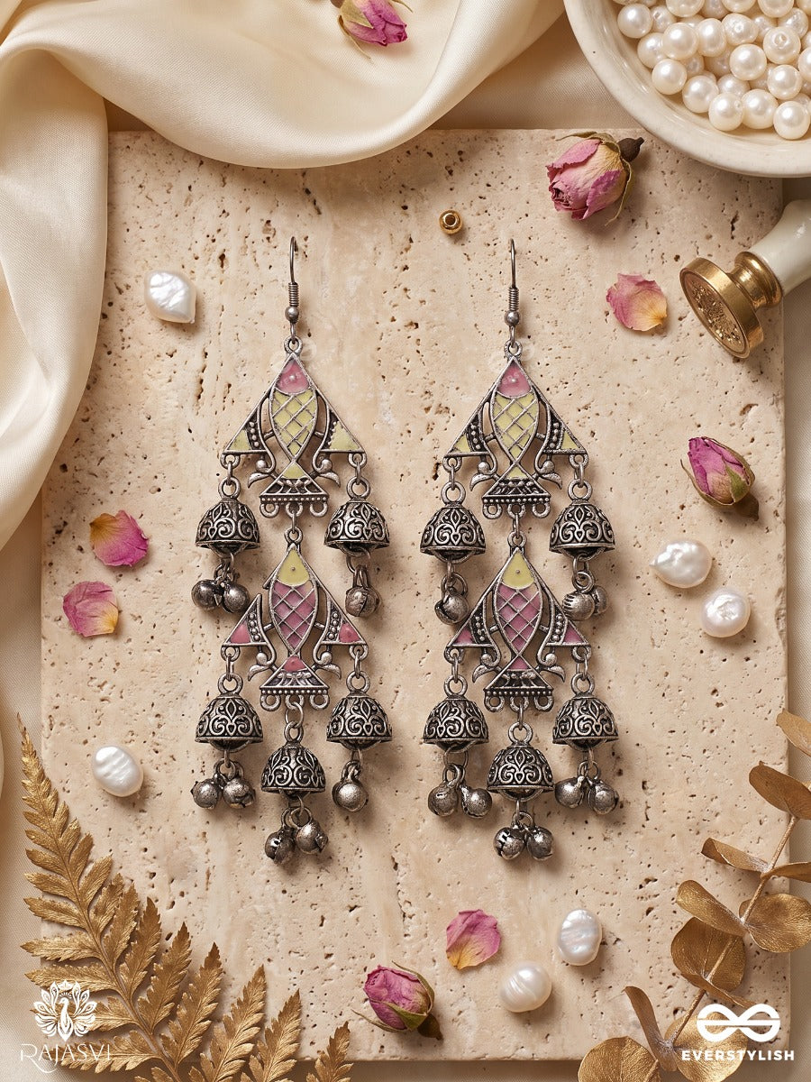 Chitrali – Oxidised Earrings With Pastel Enamel Details, Jhumki Charms And Ghungroo Drops