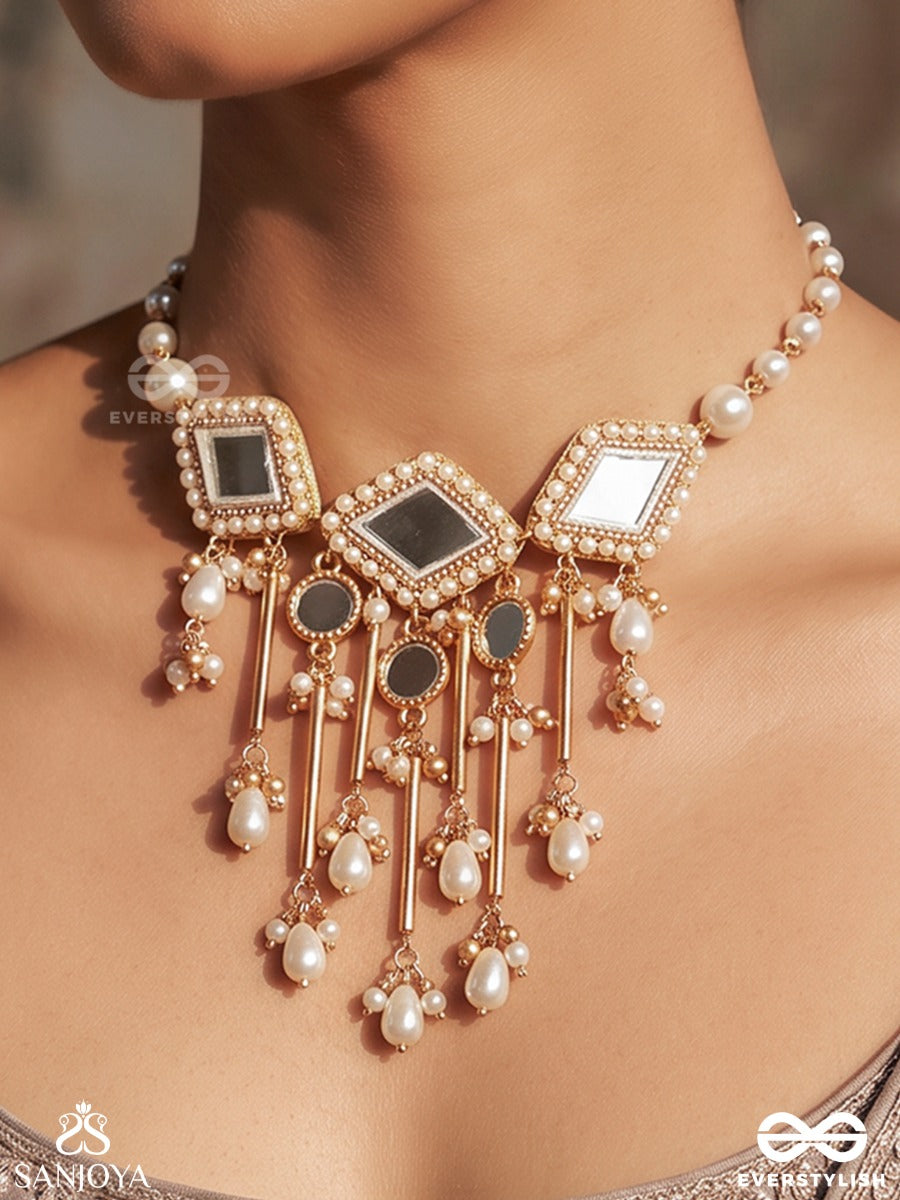 Chitramayi – Full Of Artistry – Heritage Necklace With Geometric Kundan Motifs, Mirror Embellishments, Pearl-Trimmed Chains And Delicate Pearl Danglers