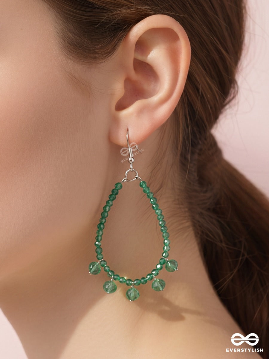 Emerald Dew – Green Faceted Bead Teardrop Earrings With Crystal Fringes