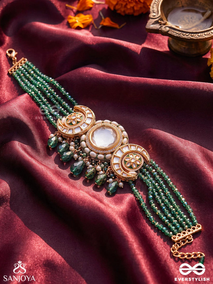 Harinika – Emerald Grace – Heritage Choker With Multi-Strand Green Beadwork, Mirror Kundan Floral Motif And Pearl Accents