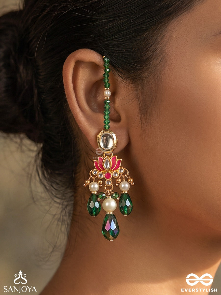 Naqsha – Artful Design – Heritage Sahara Kaanchain Earrings With Floral Kundan Motifs, Emerald Drops And Beaded Chains