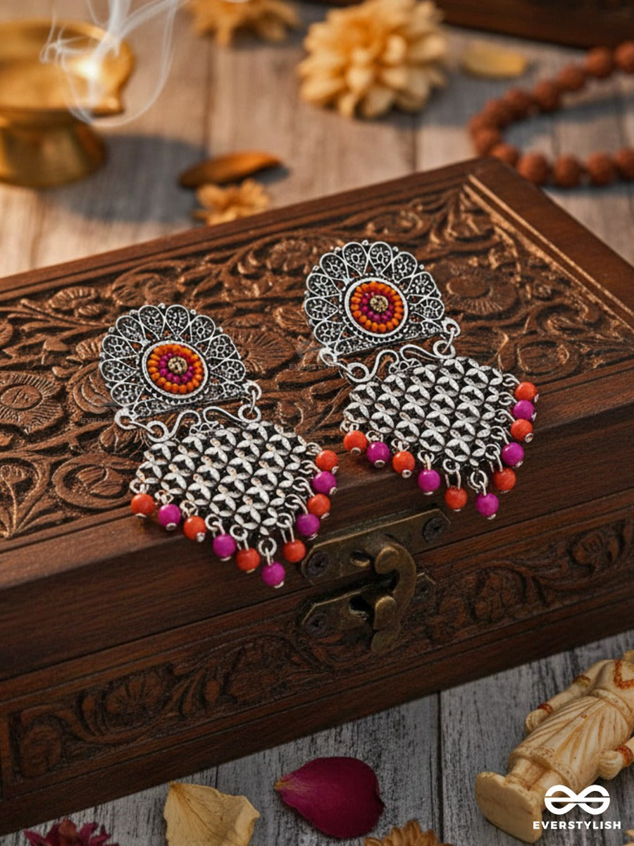 The Criss-Cross Embroidered Sun (Pink) - Embroidered Oxidised Earrings