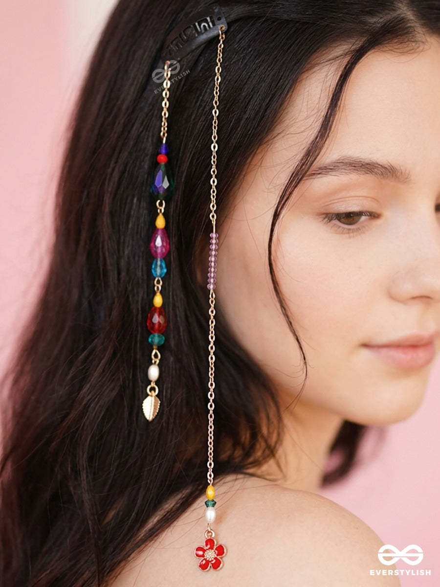 Rainbow Twinkle – Gold Chain Hair Clip With Multicolour Beads And Cherry Charm