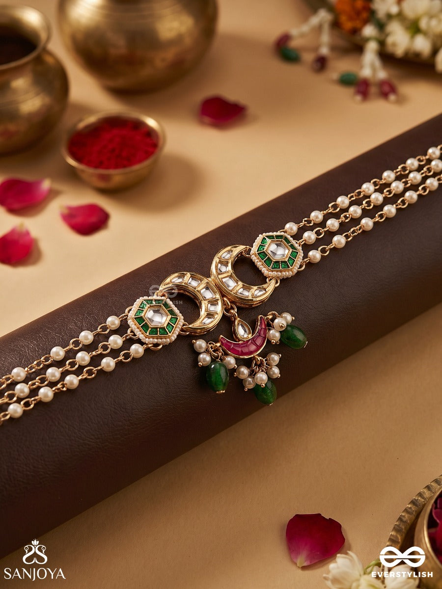 Shashiratna- Jewel Of The Moon- Kundan Necklace Inspired By The Moon's Radiance With Pearls And Green Drops