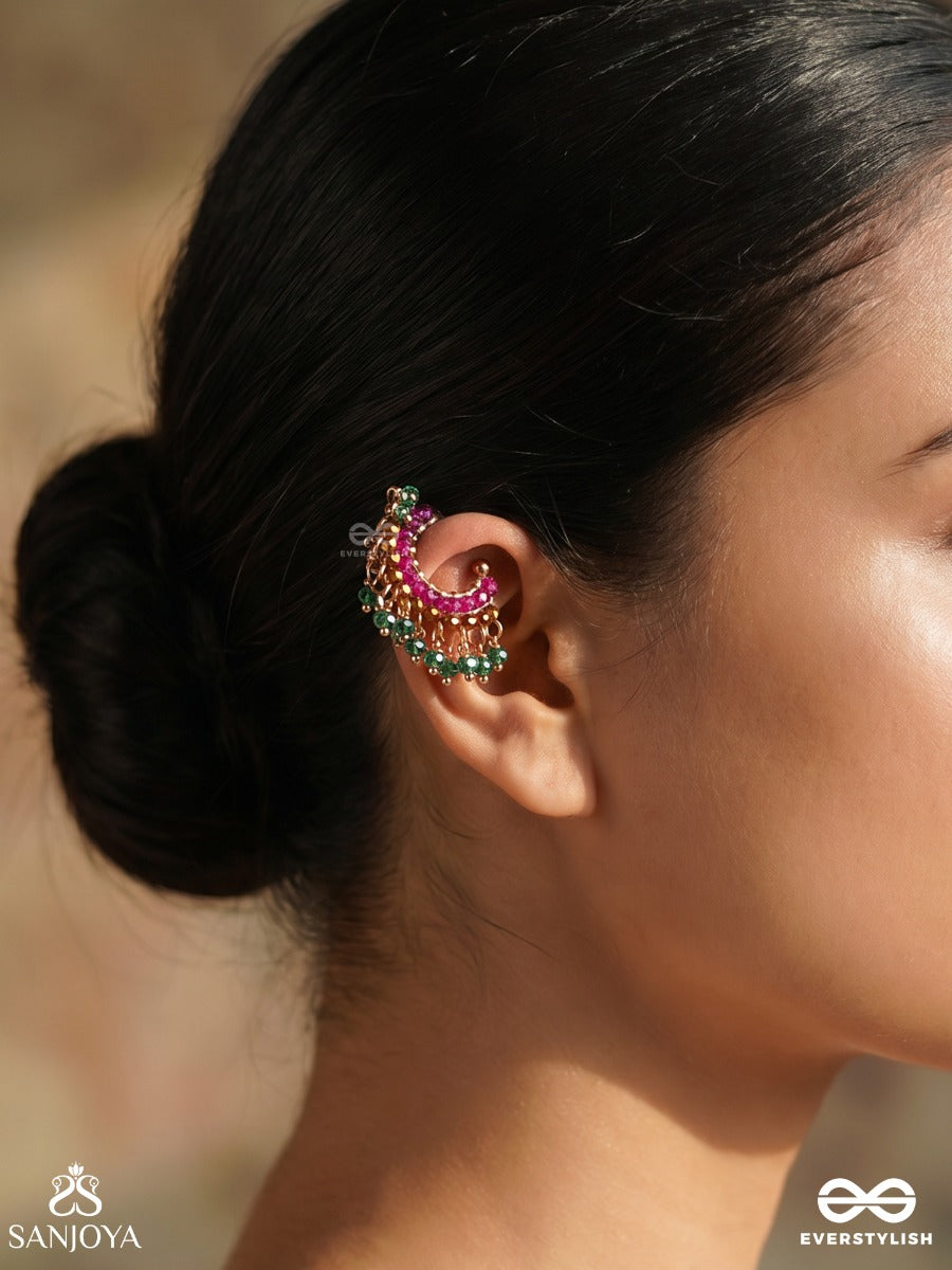 Chandrarangi – Coloured Moonlight – Ornate Single Earcuff With Pink Crescent Detail, Green Bead Accents And Delicate Gold-Tone Ornamental Work