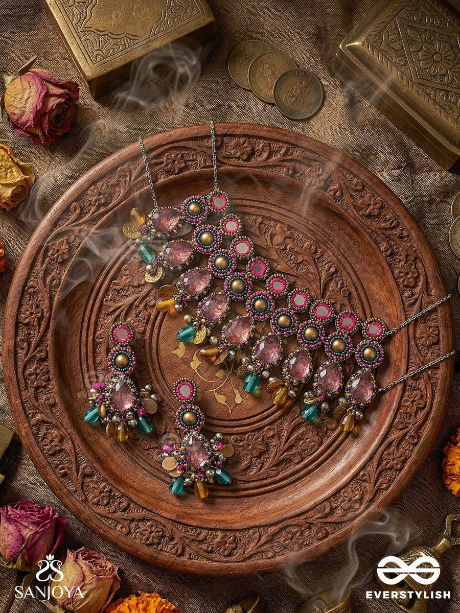 Vashikrit - The Hypnotic Tiers - Mirror, Stones, Coins And Glass Drops Hand Embroidered Set With Oxidised Choker Neckpiece & Earrings