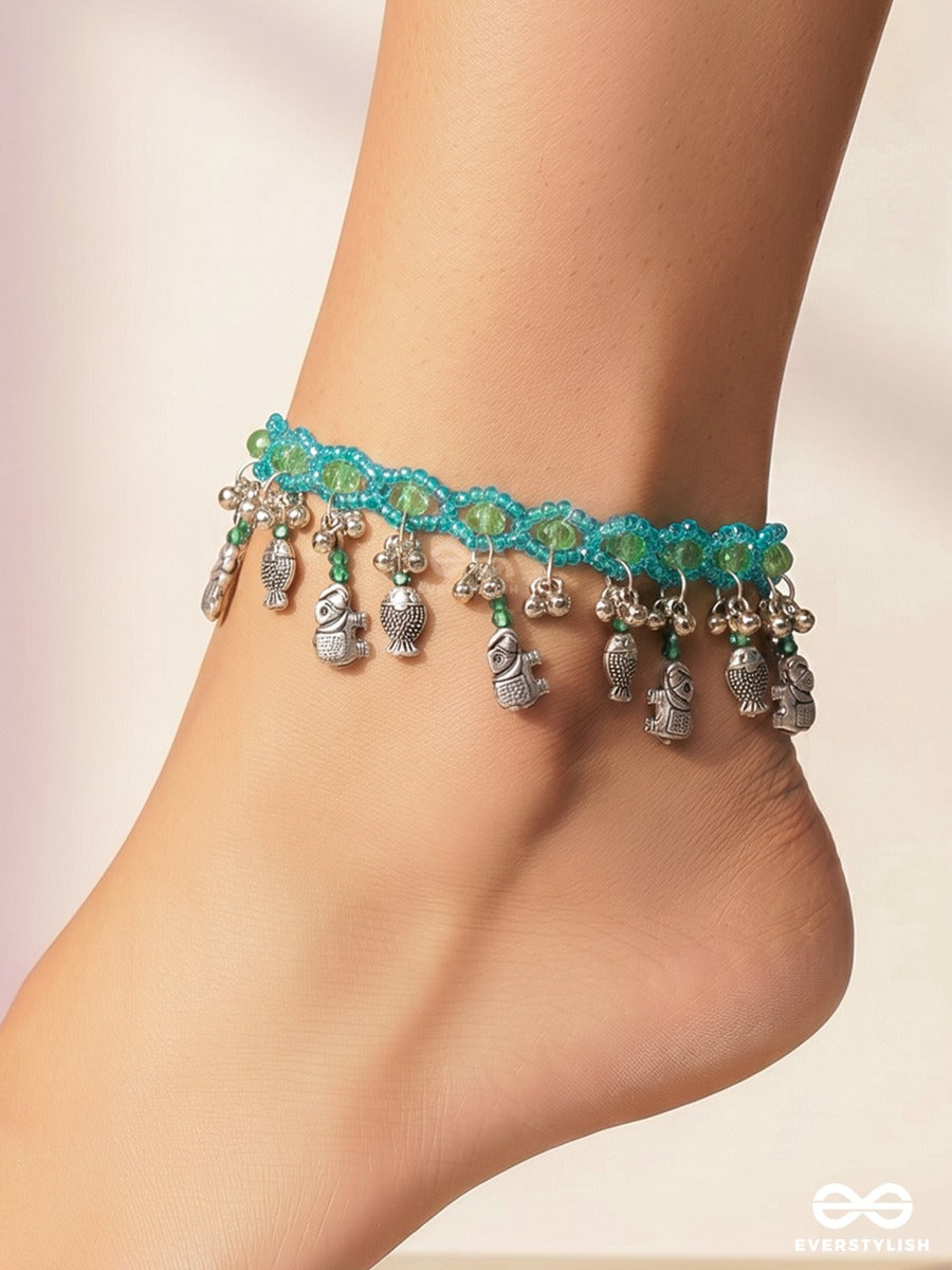 Lucky Jingle – Turquoise Beaded Single Anklet With Oxidised Lucky Charms