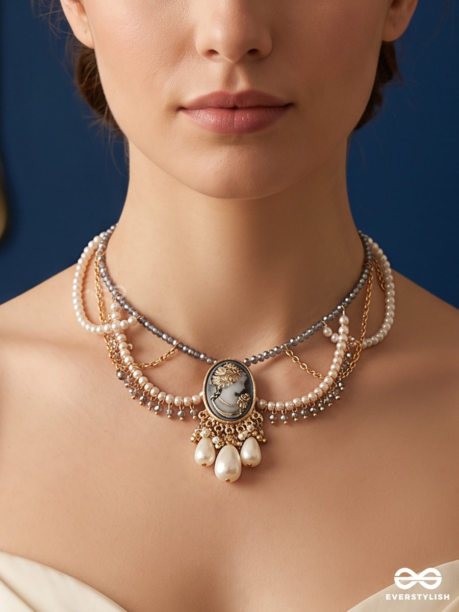 Zaria – Delicate Necklace With Draped Pearl Strands, Centre Charm And Mixed-Tone Details
