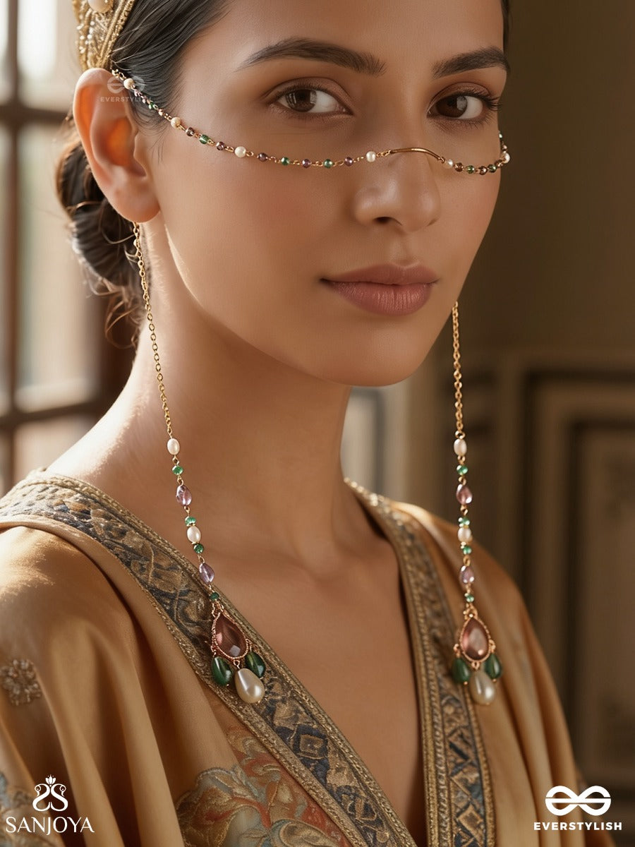 Vanmukhi – Forest-Faced Grace – Elegant Face Let With Green Bead Strands, Floral Side Motifs, Pearl Accents And Delicate Gold-Tone Chains