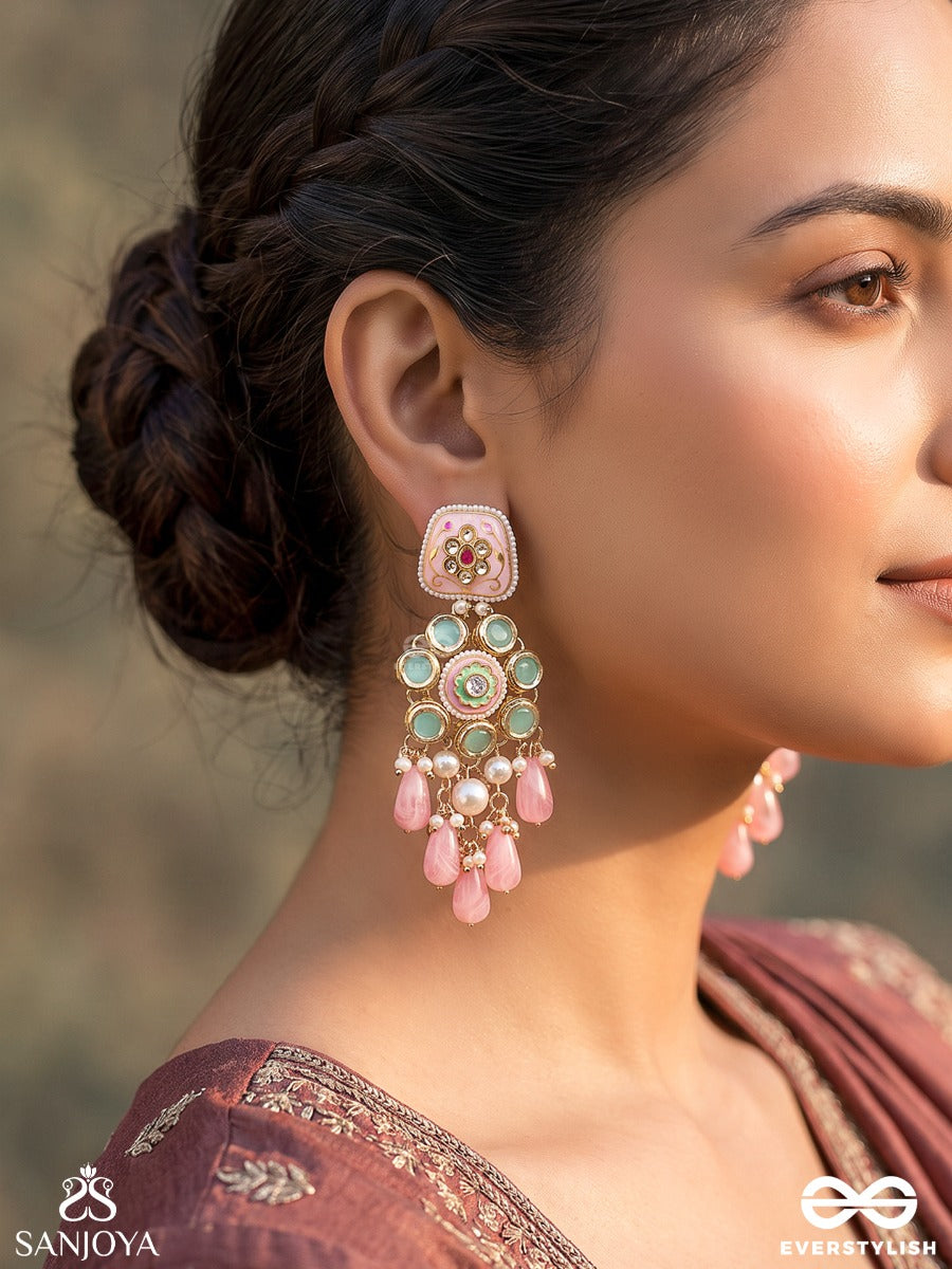 Pankhuri – Flower Petal – Heritage Earrings With Floral Meenakari Motifs, Mint Enamel Settings, Lustrous Pearl Clusters And Blush Pink Teardrop Danglers