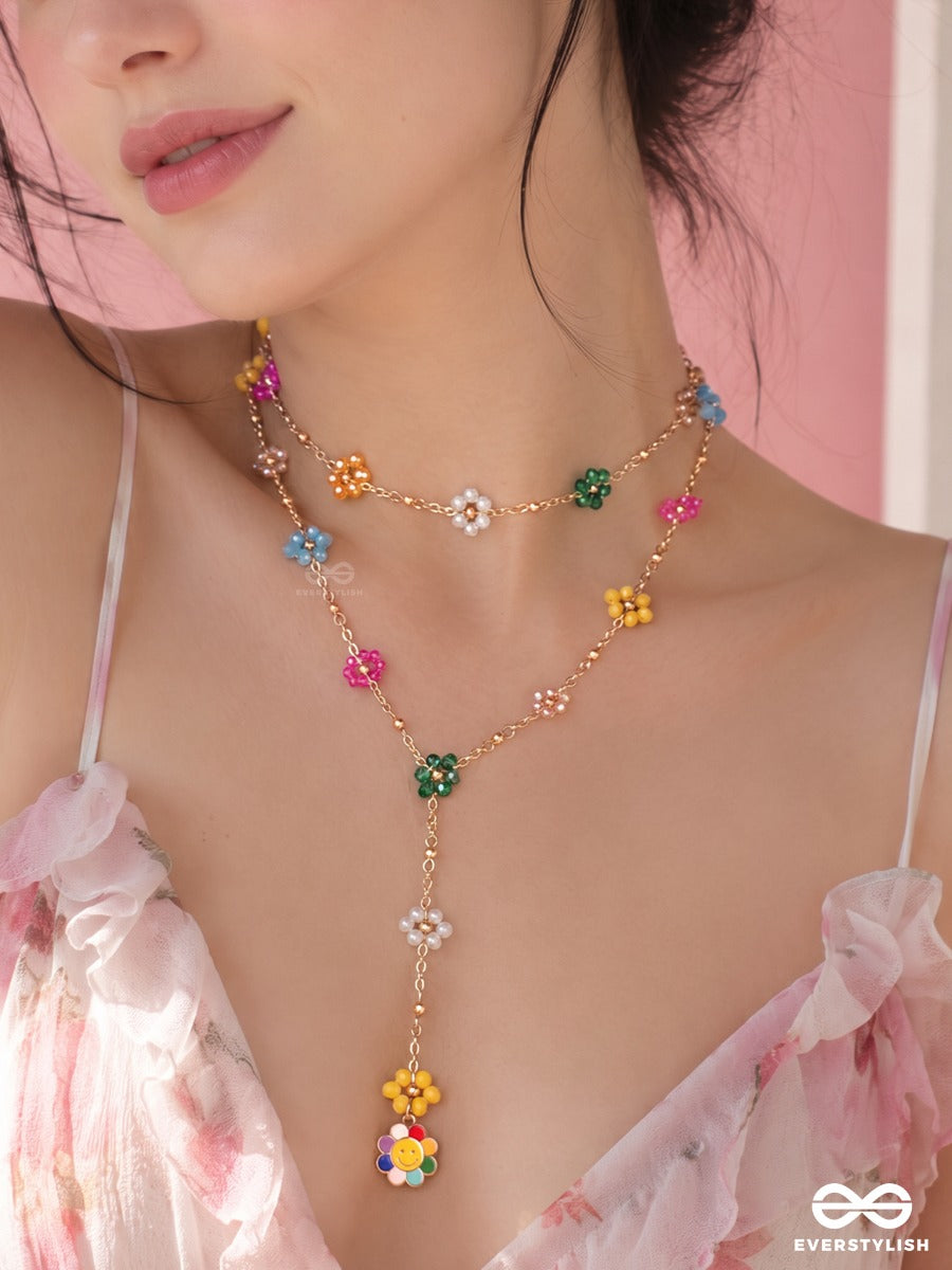 Bloom Carnival – Layered Gold-Tone Necklace With Multicolour Floral Accents