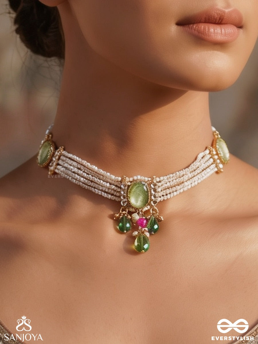 Ambuprabha – Radiance Of The Waters – Elegant Multi-Strand Necklace With Pearl Layers, Carved Green Stones And Crystal Drop Accents