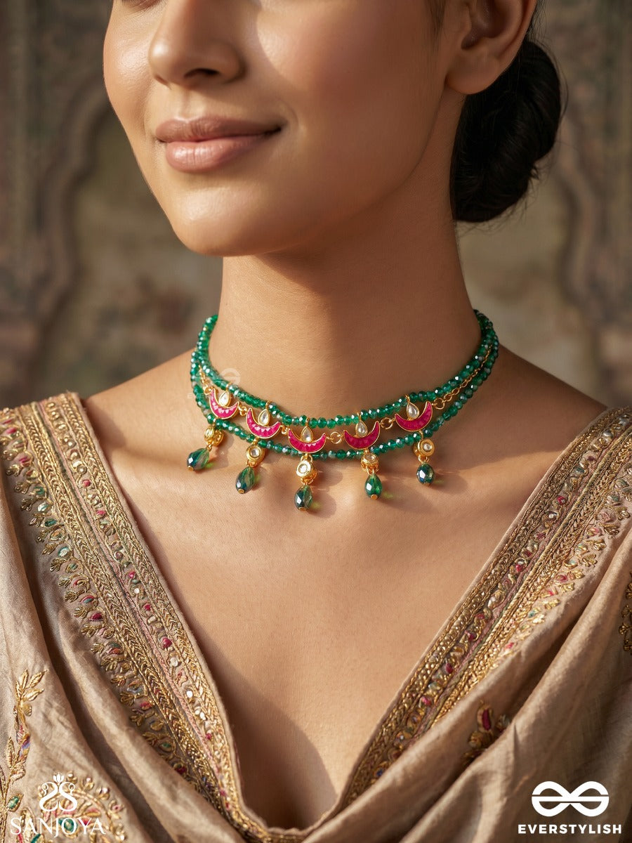 Vainateya – Celestial Majesty – Double-Strand Choker With Emerald Beadwork, Enamel Crescent Motifs And Dangling Green Drops