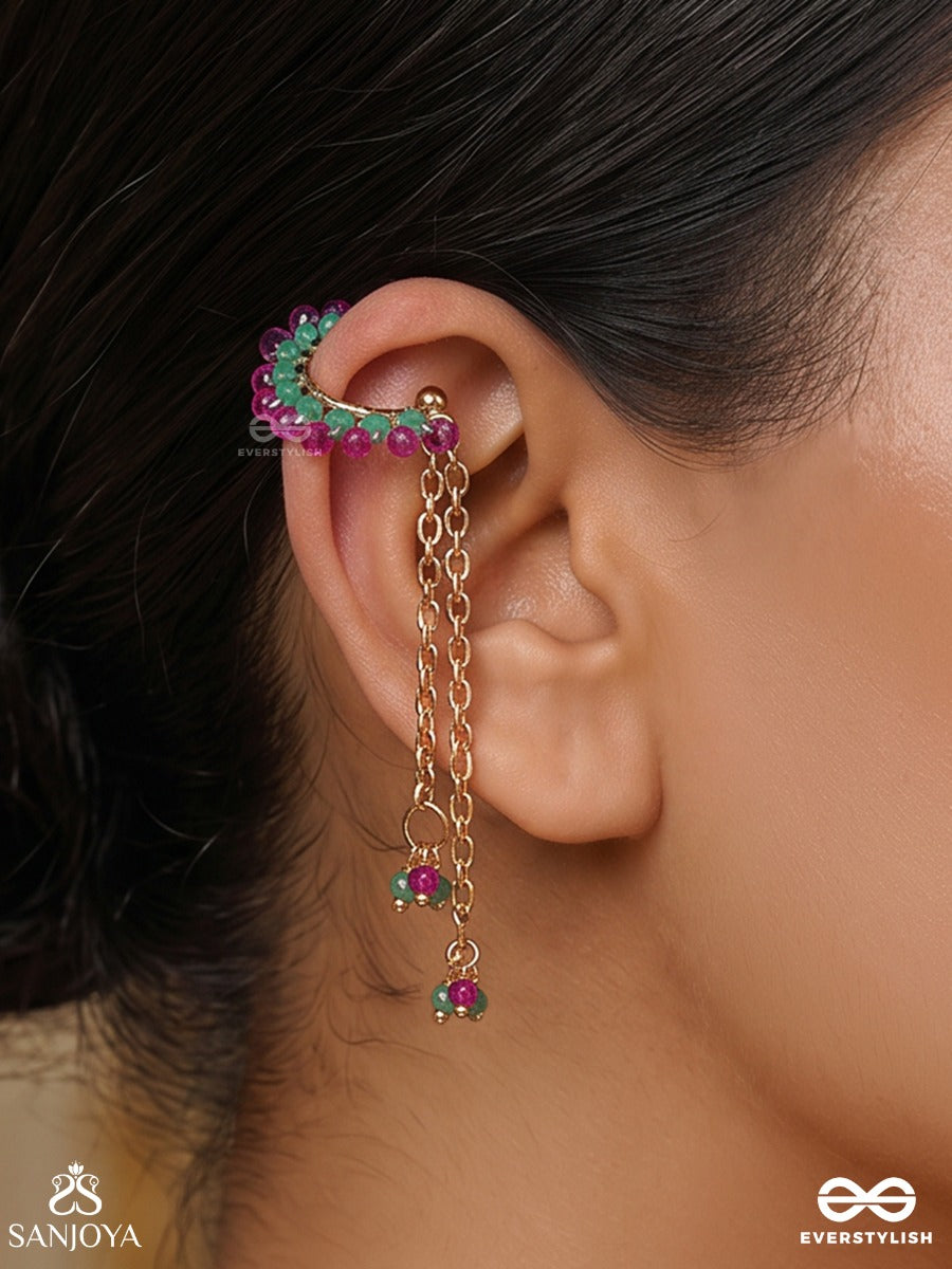 Manikarna – Jewelled Ear – Festive Single Earcuff With Pink-Green Bead Curve, Gold-Tone Chain Drops And Delicate Bead Cluster Ends