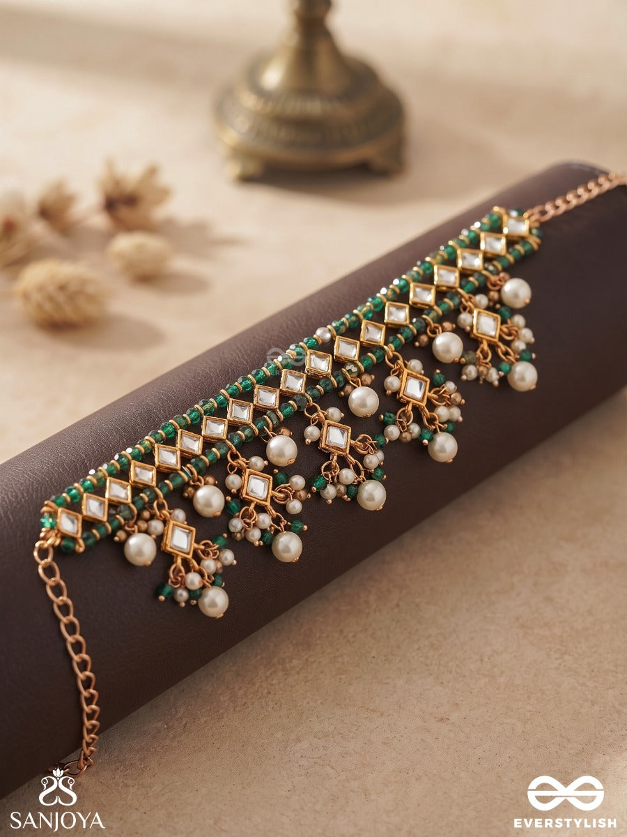 Tarini – Saviour – Heritage Choker With Green Beadwork, Pearl Clusters And Ornate Floral Fringes