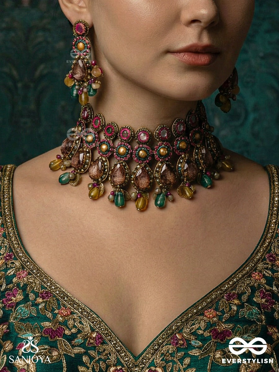 Vashikrit - The Hypnotic Tiers - Mirror, Stones, Coins And Glass Drops Hand Embroidered Set With Oxidised Choker Neckpiece & Earrings