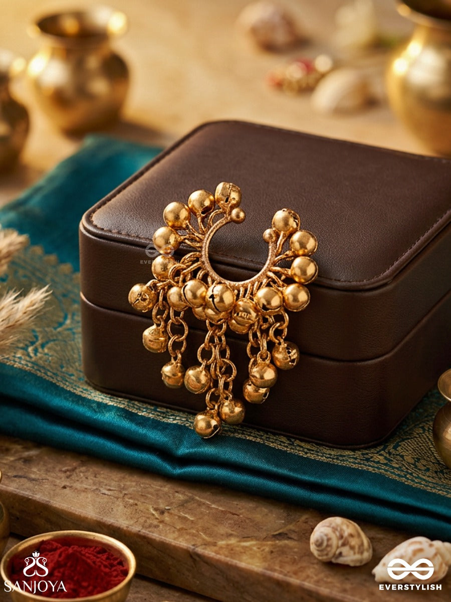 Kanakghunghra – Golden Bells – Festive Single Earcuff With Round Gold-Tone Bead Clusters, Open-Hoop Form And Dangling Charm Details