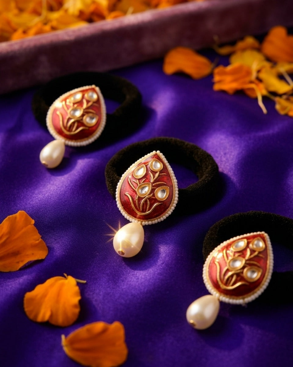 Parnavi - Ornamental Leaf - Pack Of 3 Hair Accessories With Deep Red Enamel Motifs, Kundan-Style Stones, Pearl Edging And Statement Pearl Drops