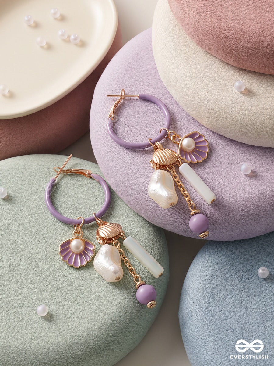 Mauve Marina – Purple Hoop Earrings With Shell And Pearl Charms