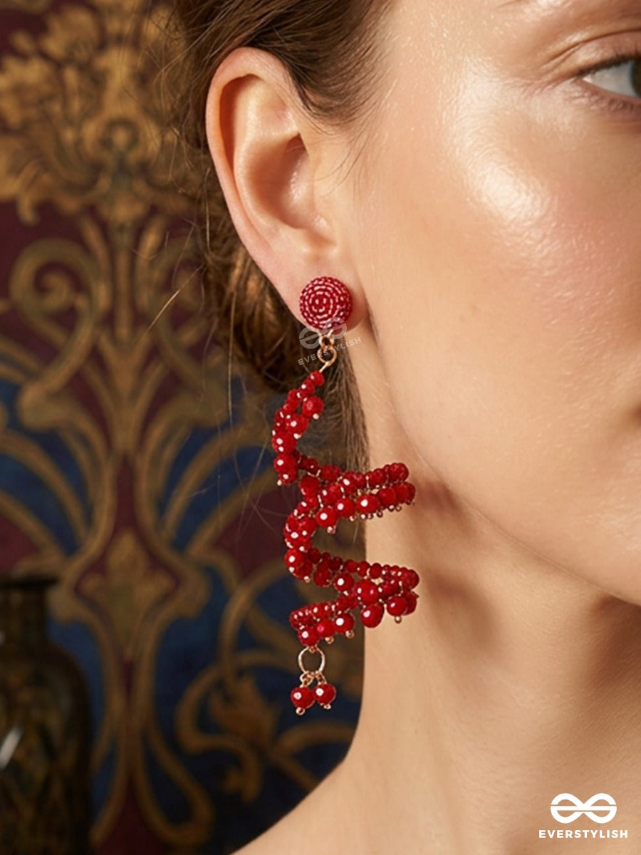 Crimson Petal – Statement Spiral Earring With Faceted Red Beads