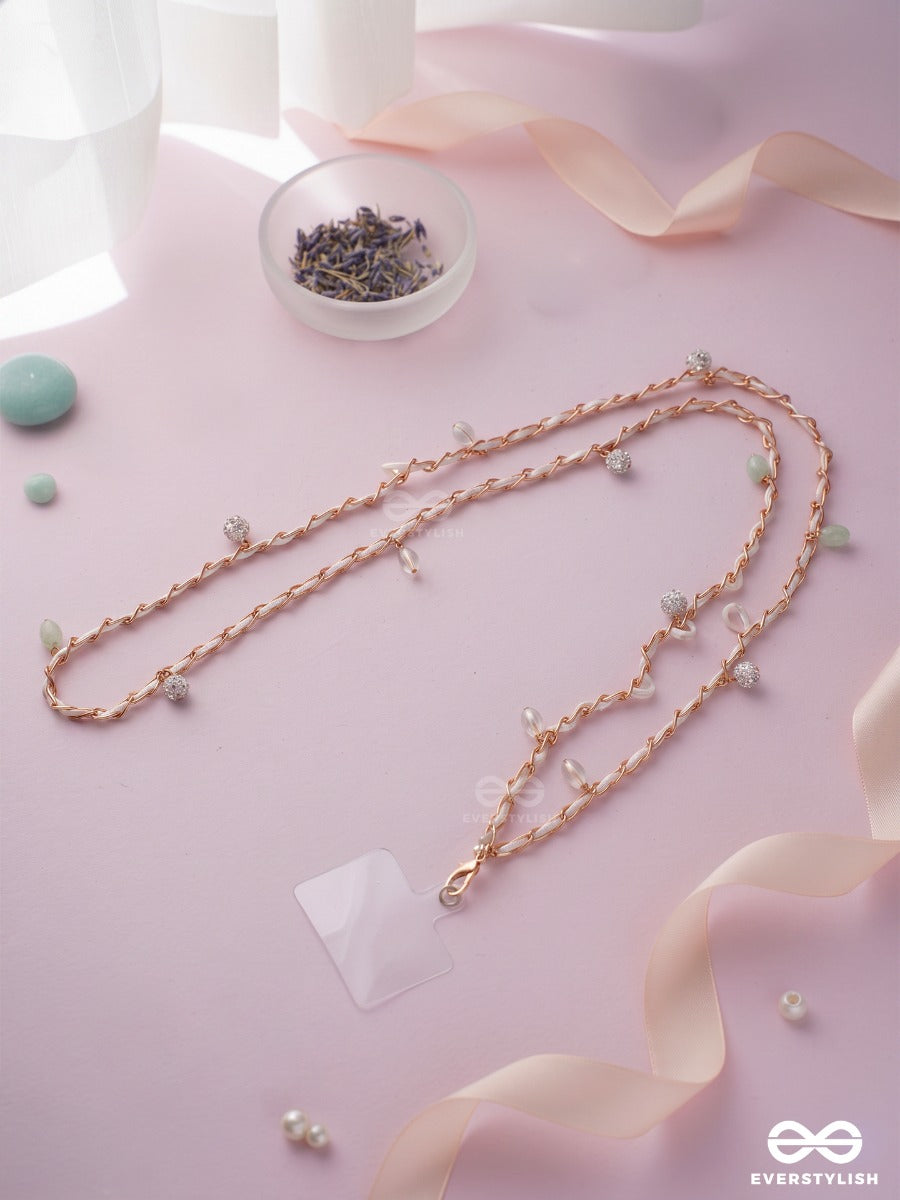 Pearl Whimsy – Gold Phone Sling With Pearls, Mint Beads And Crystal Charms